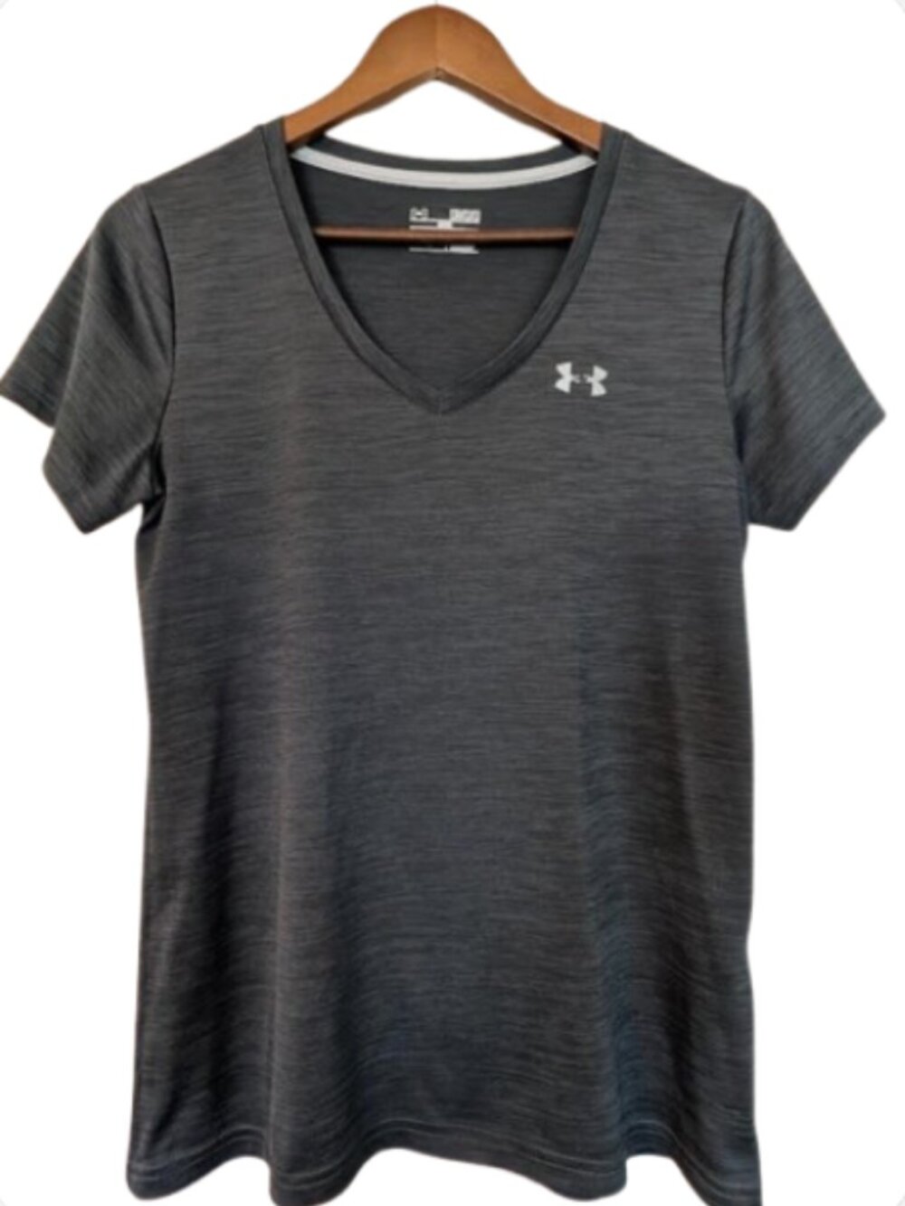 Under Armour HeatGear V-Neck Tee Gray Loose Fit Size M Athletic Workout Top